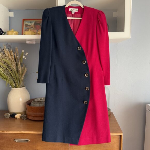 Vintage 80’s Lilli Ann Sheath Dress Button Front Wool Colorblock L Navy Pink - Picture 10 of 13